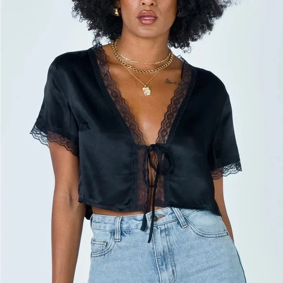 Black Tie Up Top - Picture 1 of 8